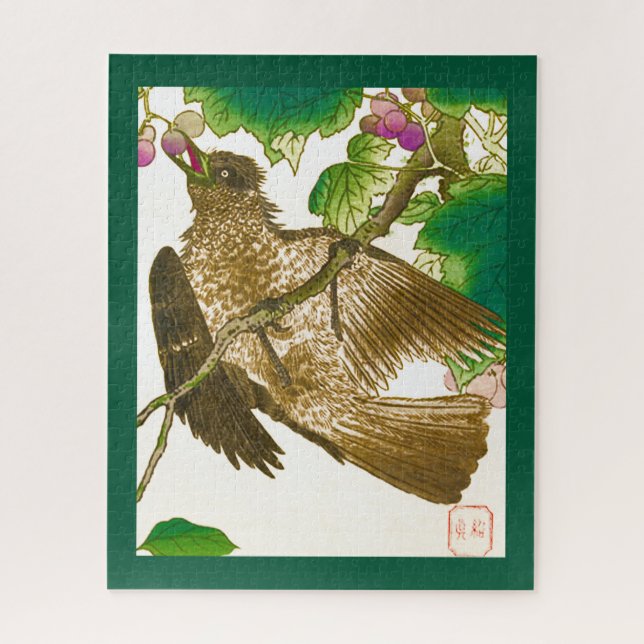 Puzzle Dessin japonais de Jay sur une vigne de raisin (Vertical)