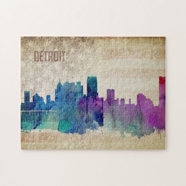 Puzzle Detroit, horizon de ville d'aquarelle de MI | (Horizontal)