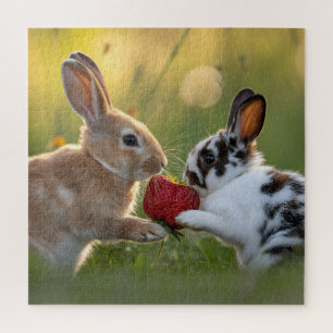 Puzzle Deux bébés lapins partageant une grosse fraise mûr