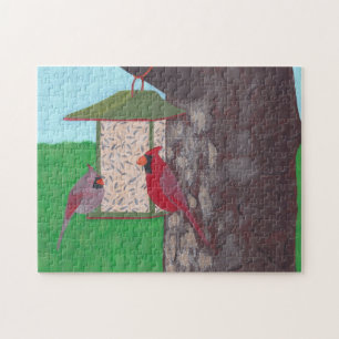 Puzzle Deux cardinaux à la mangeoire, peinture, casse-têt