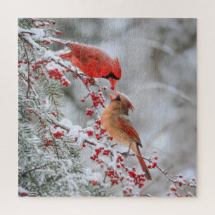 Puzzle Deux cardinaux avec des baies rouges en hiver