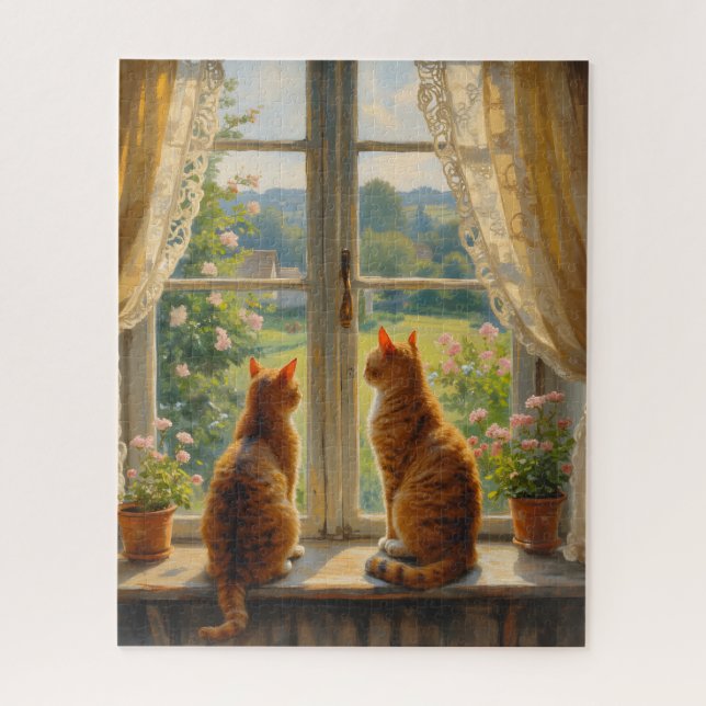 Puzzle Deux chats assis sur un banc de fenêtre de baie  (Vertical)
