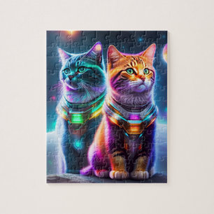 Puzzle Deux chats d'astronautes Neon éclaire les chats co
