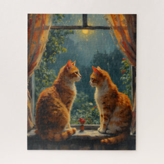 Puzzle Deux chats roux assis devant une fenêtre