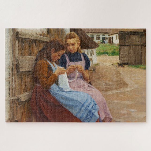 Puzzle Deux Filles avec Needlework assis dans une ferme (Horizontal)