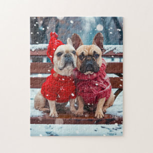 Puzzle Deux Frenchies en vêtements tricotés d'hiver