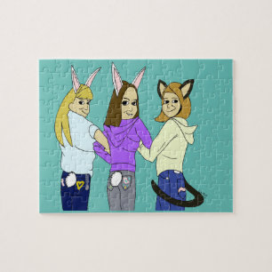 Puzzle Deux lapins et un chaton