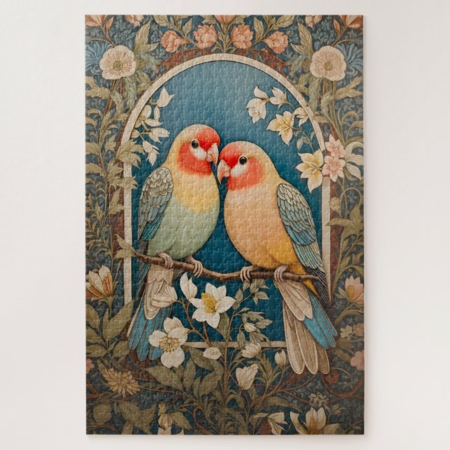 Puzzle Deux Lovebirds Vintage Floral élégant (Vertical)