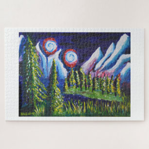 Puzzle Deux lunes montagnes nuit paysage art