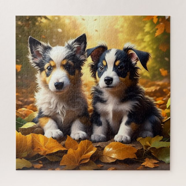 Puzzle Deux mignons chiots qui jouent dans les feuilles d (Vertical)