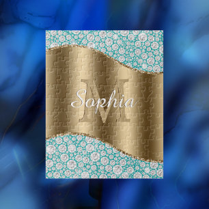 Puzzle Diamants de Glam sur Turquoise, Monogramme Or, Nom