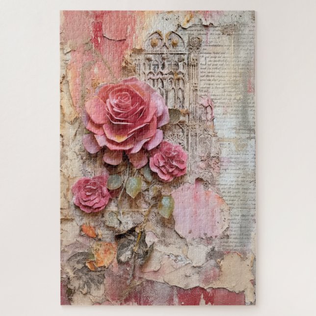 Puzzle Difficile Pink Floral Grunge Découpage Inspiré (Vertical)