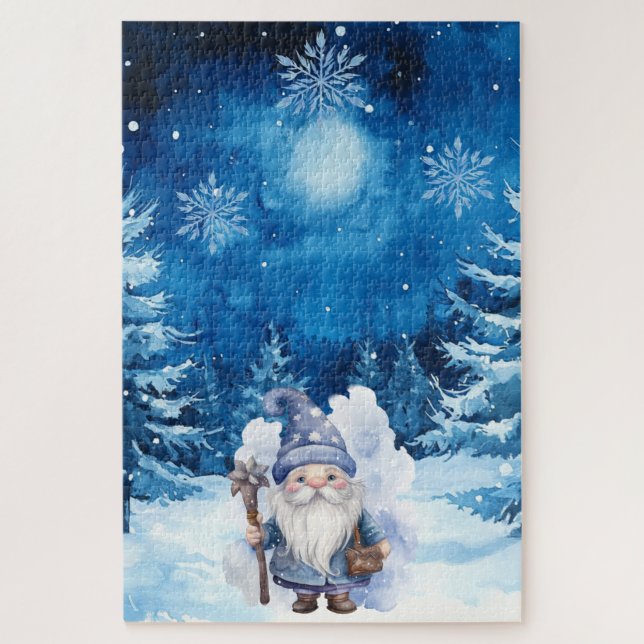 Puzzle Difficile Village de Noël Bleu d'hiver & Gnome (Vertical)