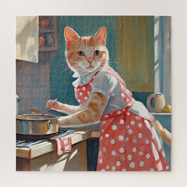 Puzzle Dîner cuisine femme au foyer au chat (Vertical)