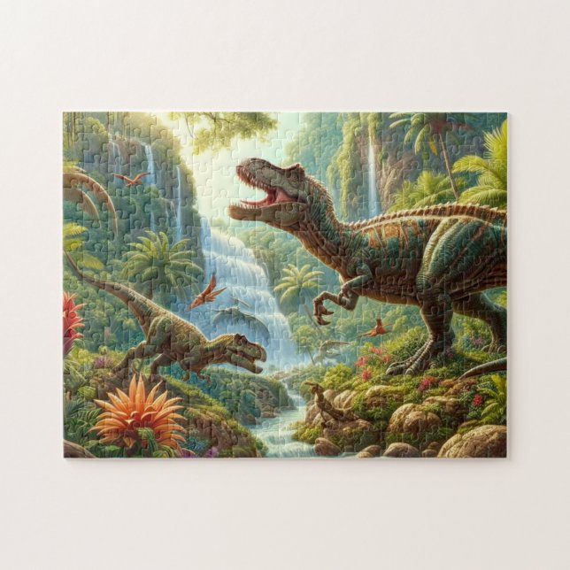 Puzzle Dinosaures amusants dans la forêt tropicale enfant (Horizontal)