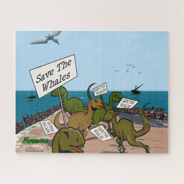 Puzzle Dinosaures amusants protestation "Sauvez les balei (Horizontal)