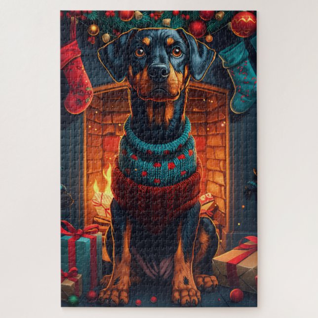 Puzzle Doberman Chien Avec Les Cadeaux De Noël Cheminée (Vertical)