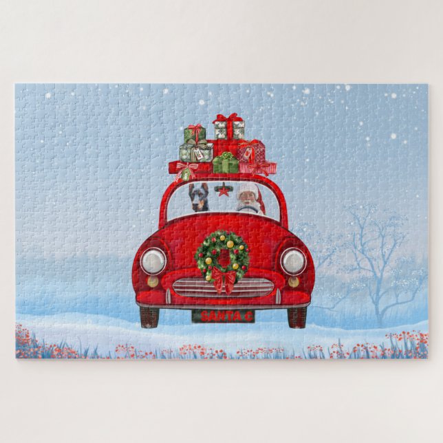 Puzzle Doberman Chien En Voiture Avec Le Père Noël (Horizontal)