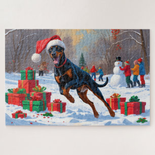 Puzzle Doberman courant dans la neige avec un chapeau de 