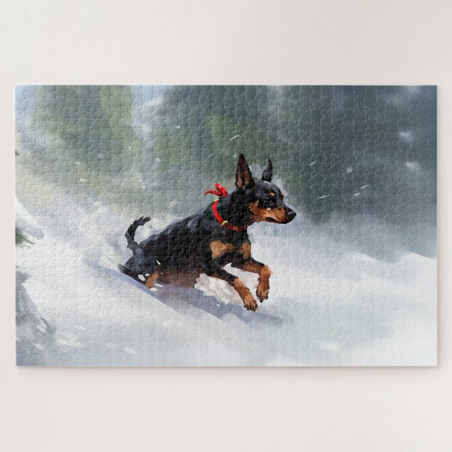 Puzzle Doberman Pinscher neige de Noël hiver (Horizontal)
