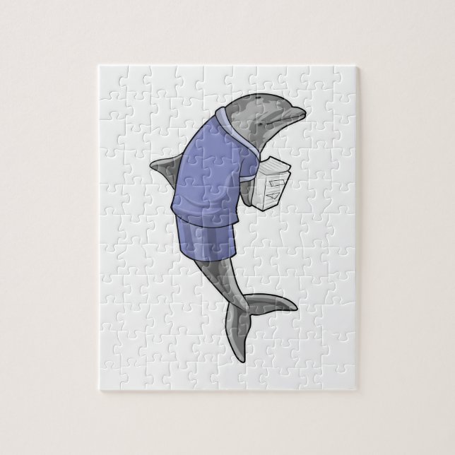 Puzzle Dolphin as Secretary with Stack of paper (Vertical)
