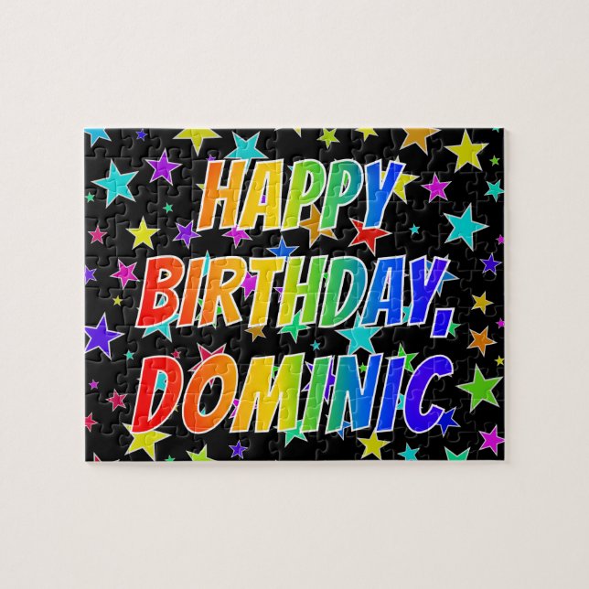 Puzzle "DOMINIC" Prénom, "HEUREUX ANNIVERSAIRE" (Horizontal)