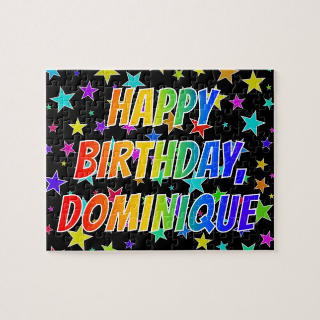 Puzzle "DOMINIQUE" Prénom, Amusant "HEUREUX ANNIVERSAIRE" (Horizontal)