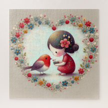 Douce Robin et petite fille Cœur floral