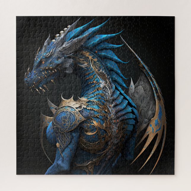 Puzzle Dragon bleu vapeur avec ailes métalliques IA art (Vertical)