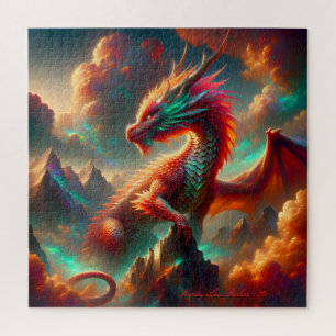 Puzzle Dragon de feu sur le pic de montagne avec ciel cré