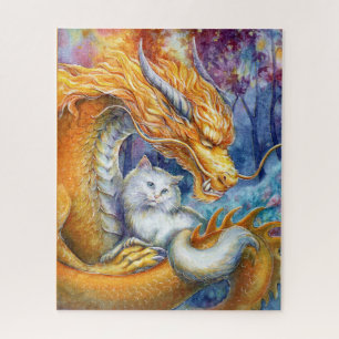 Puzzle Dragon Feu et Chat Blanc dans une Forêt Mystique