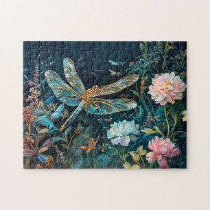 Puzzle Dragonfly à la nuit dans un jardin avec des pivoin