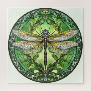 Puzzle Dragonfly ornée avec cadre floral vert