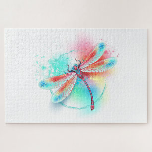 Puzzle Dragonfly rouge sur l'arrière - plan aquarelle