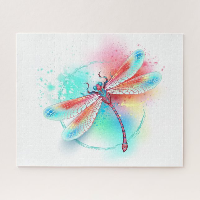 Puzzle Dragonfly rouge sur l'arrière - plan aquarelle (Horizontal)