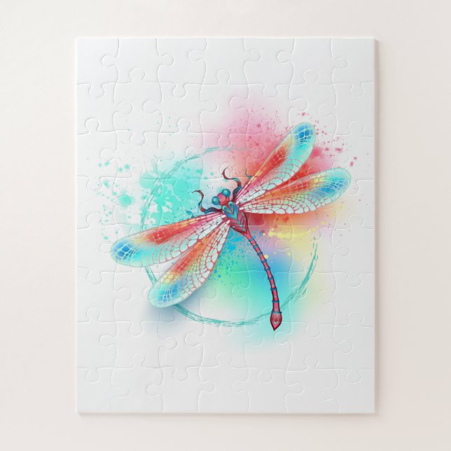 Puzzle Dragonfly rouge sur l'arrière - plan aquarelle (Vertical)