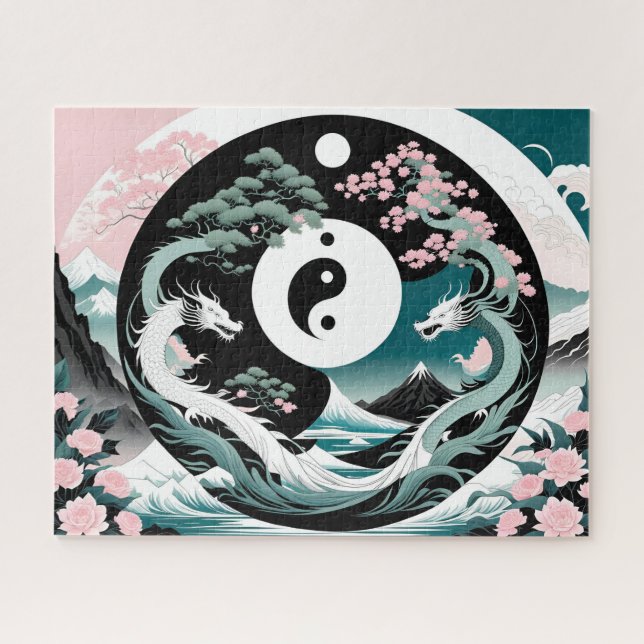 Puzzle Dragons roses et Turquoises Paysage asiatique yin  (Horizontal)