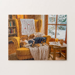Puzzle Duo de Spaniel dans un fauteuil d'hiver cosy