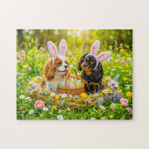 Puzzle Duo de Spaniel dans un nid de Pâques en prairie