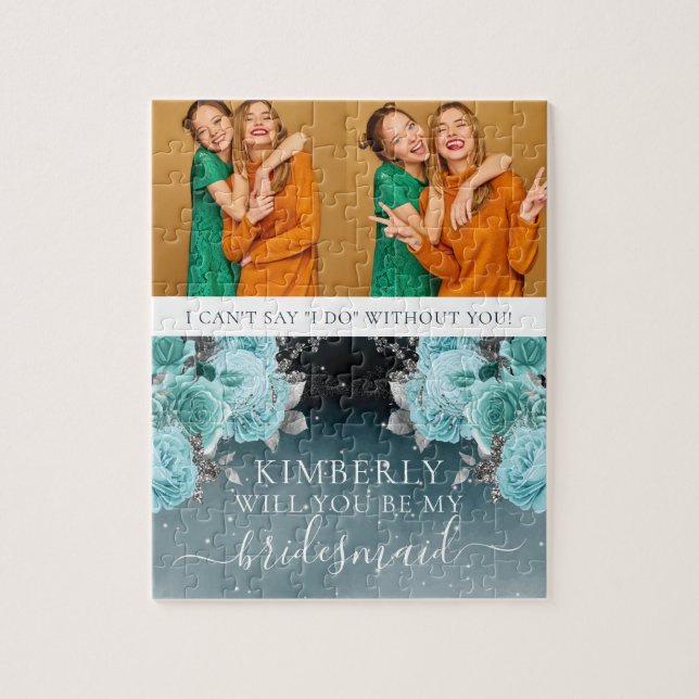 Puzzle Dusty Blue Floral Be My Bridesmaid Photo (Vertical)