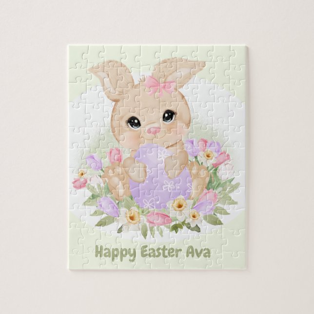 Puzzle Easter mignon lapin rose violet oeuf Nom personnal (Vertical)