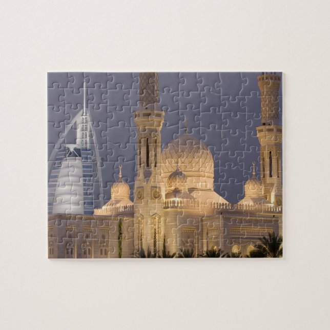 Puzzle EAU, Dubaï. Mosquée en soirée avec Burj al Arab (Horizontal)