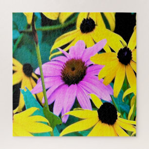 Puzzle Échinacée rose et pourpre avec fleurs jaunes