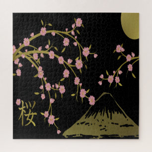 Puzzle Écran japonais rose Sakura or noir