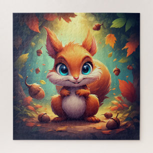 Puzzle Écureuil de dessin animé adorable dans une forêt