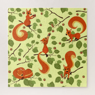 Puzzle Écureuil rouge dans des branches noisettes.