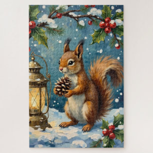 Puzzle Écureuil vintage avec lanterne de Noël en hiver