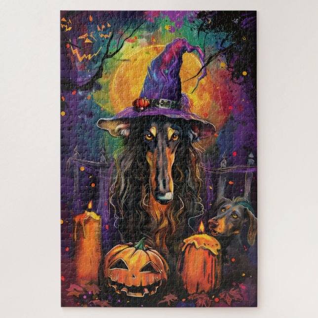 Puzzle Éffrayant Afghan Hound Halloween sorcière et Citro (Vertical)