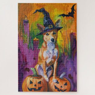 Puzzle Éffrayant Basenji Halloween sorcière et Citrouille