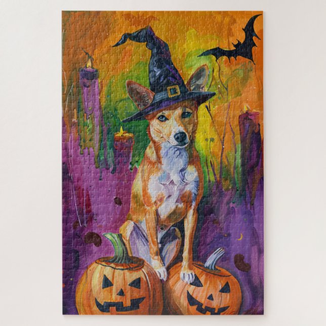 Puzzle Éffrayant Basenji Halloween sorcière et Citrouille (Vertical)
